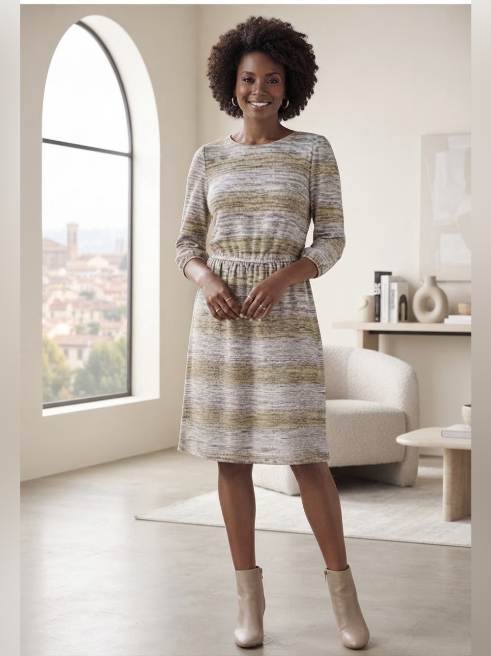 London Times knit dress size 8 gray gold metallic melange elastic waist